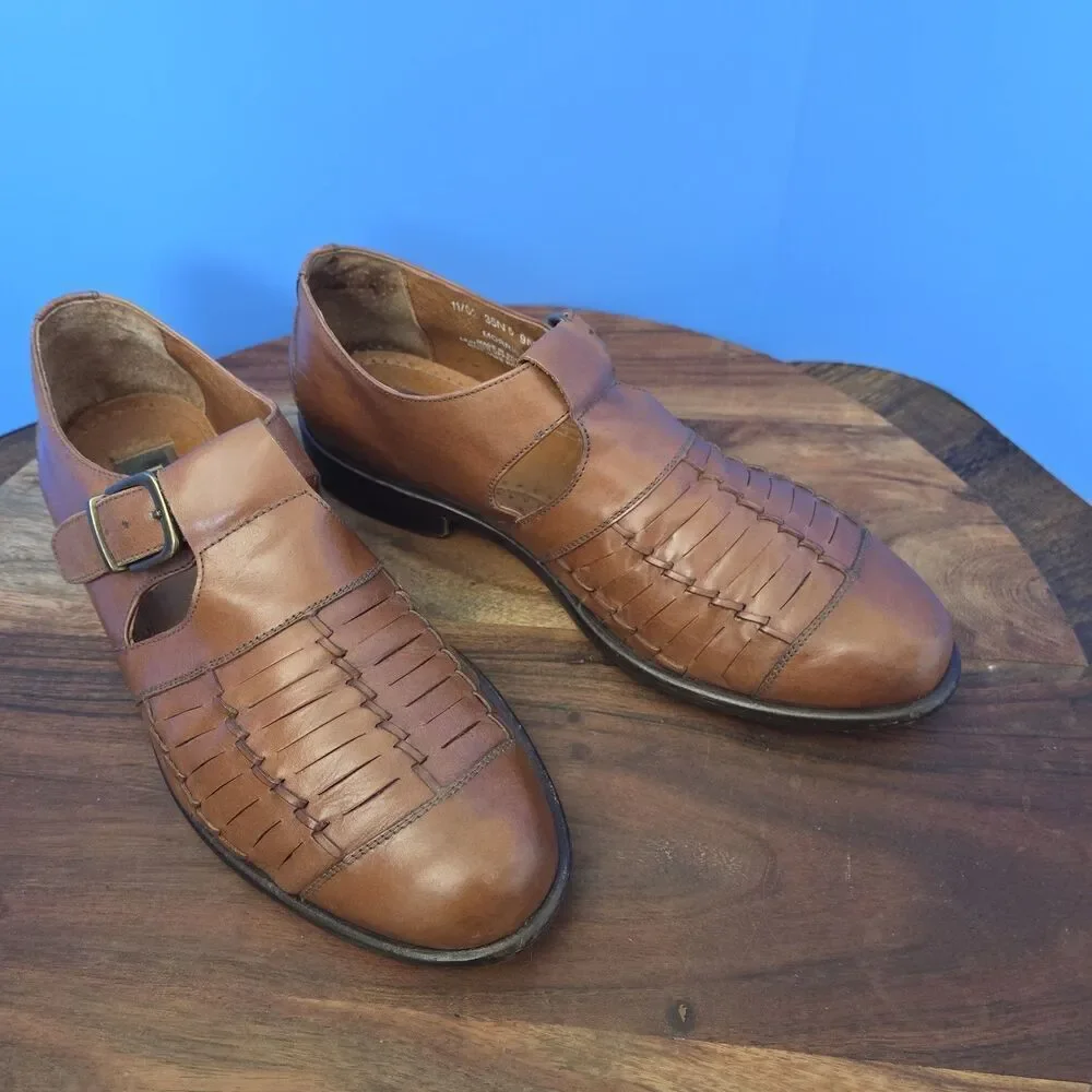 Bass Morris Woven Leather Fisherman Shoes Caramel Brown Made in Brazil Men's 9